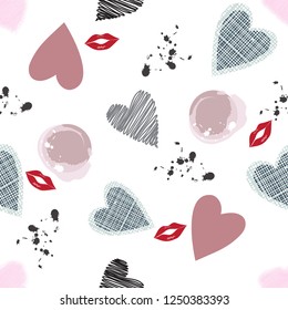 Seamless hand drawn hearts and lips pattern for valentines background