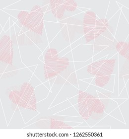 Seamless hand drawn hearts on geometric lines background vector illustration for design