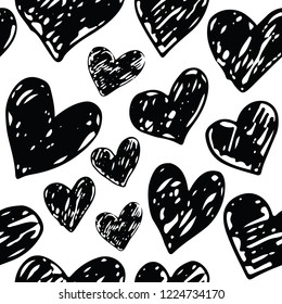 Seamless hand drawn hearts pattern. Black and White Ink design for t-shirt, dress, cloths. Sketchy Valentine's Day background. Vector illustration EPS 10 file.
