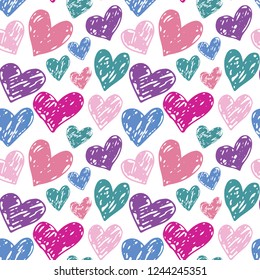 Seamless hand drawn hearts pattern. Colorful Ink design for t-shirt, dress, cloths. Sketchy Valentine's Day background. Vector illustration EPS 10 file.