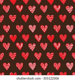Seamless hand drawn hearts pattern on brown background. Vector illustration.