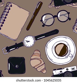 Seamless hand drawn hipster workplace element pattern in vector