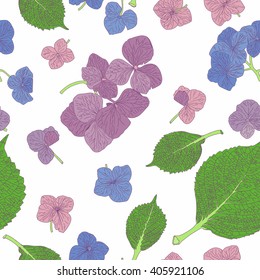 Seamless hand drawn hydrangea pattern. Hand drawn hydrangea. Hydrangea flowers and leaves. Hand drawn floral background.