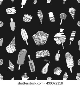 Seamless hand drawn ice cream pattern, monochrome background, vector illustration