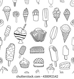 Seamless hand drawn ice cream pattern, monochrome background, vector illustration