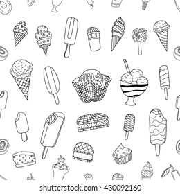 Seamless hand drawn ice cream pattern, monochrome background, vector illustration
