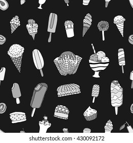 Seamless hand drawn ice cream pattern, monochrome background, vector illustration