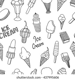 Seamless hand drawn ice cream pattern, monochrome background, vector illustration