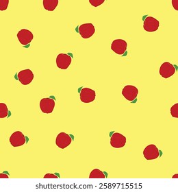Seamless hand drawn illustration Apple. abstract repeated yellow background. For paper, cover, fabric, gift wrap, wall art, interior décor. Vector cartoon print, red fruits, wallpaper, baby print