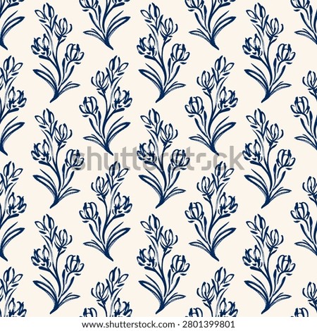 Seamless Hand Drawn Indigo Floral Pattern with Botanical Sketch Flowers on Cream Background