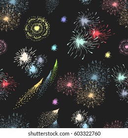  Seamless  hand drawn ink background firework ,vector illustration. Design template for icons, logos or graphic elements,  for scrapbook elements. Celebration card. colorful sunburst. Grey background.