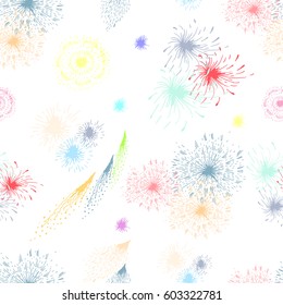 Seamless hand drawn ink background firework ,vector illustration. Design template for icons, logos or graphic elements,  for scrapbook elements. Celebration card. colorful sunburst. White background.