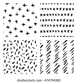 seamless hand drawn ink patterns, abstract brush doodles, vector illustration