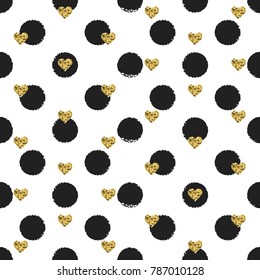Seamless hand drawn ink polka dot pattern with gold heart shapes. Ink illustration. Brush circle background. Valentines day. Memphis style