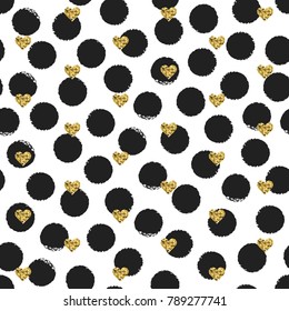 Seamless hand drawn ink polka dot pattern with gold heart shapes. Ink illustration. Brush circle background. Valentines day. Memphis style