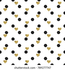 Seamless hand drawn ink polka dot pattern with gold heart shapes. Ink illustration. Brush circle background. Valentines day. Memphis style