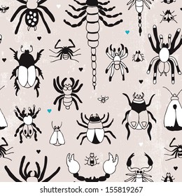 Seamless hand drawn insect bugs and creepy creatures background pattern in vector