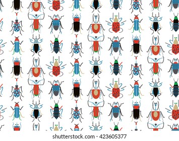 Seamless hand drawn insect bugs and creepy creatures. Background pattern in vector. Colorful interesting sketch