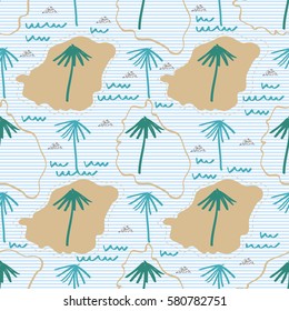 seamless hand drawn island with palm tree , wind , wave and silver glitter pattern on stripe background