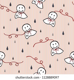 seamless hand drawn japanese rain doll with rain drop pattern on stripe background