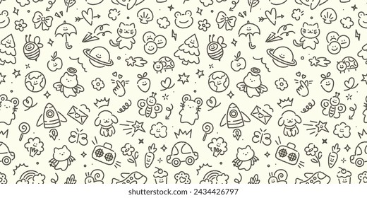 Seamless hand drawn kid doodle pattern. Cute scribble set of sun, flower, smile, heart, animal, cloud, star, rainbow, fruit. Vector trendy sketch childish elements for stickers, patterns, banners