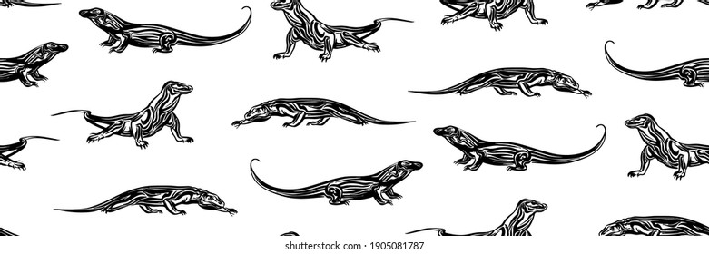 Seamless hand drawn komodo dragon outline sketch pattern. Endless vector black ink wild varanus drawing isolated on white background. Stylized graphic wild animal illustration of lizard.