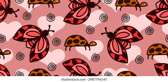 Seamless hand drawn ladybug pattern for wrapping paper, textile, wallpaper and more