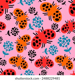 Seamless hand drawn ladybug pattern for wrapping paper, textile, wallpaper and more