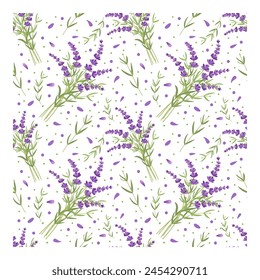 Seamless hand drawn lavender bouquet pattern. Herb vector drawing isolated on white for wallpaper, textile, design packaging, wedding card, natural medicine