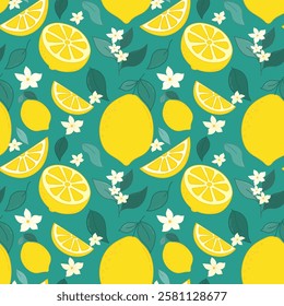 Seamless Hand Drawn Lemon Fruits Pattern. Colorful fresh citrus with blossoming branches, leaves, half cut lemons and lemon slices for fabrics, wallpaper, prints, juice products.