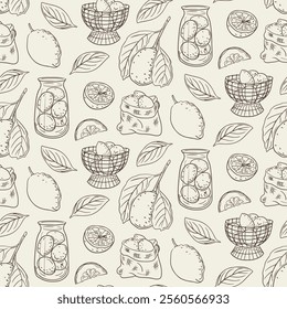 Seamless hand drawn lemon pattern with baskets, jars, leaves, and citrus slices on light background, perfect for fresh and natural design concepts. Vector doodle illustration for vegan concepts