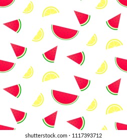 Seamless hand drawn lemon slices and watermelons with seed pattern. 
