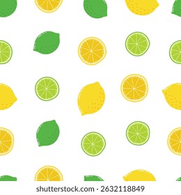 Seamless Hand Drawn Lemons and Limes Pattern Design White Background