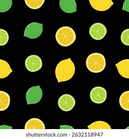 Seamless Hand Drawn Lemons and Limes Pattern Design Black Background