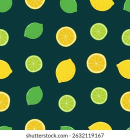 Seamless Hand Drawn Lemons and Limes Pattern Design Green Background