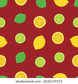 Motif harmonieux de citrons et de limes dessinés à la main Design Arrière-plan rouge