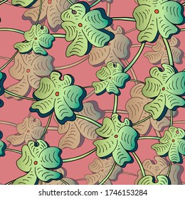 Seamless hand drawn light green floral flower pattern, over faded flowers on pink peach background - Vector. Perfect use for design, wallpaper, crafting, deco, textiles etc.