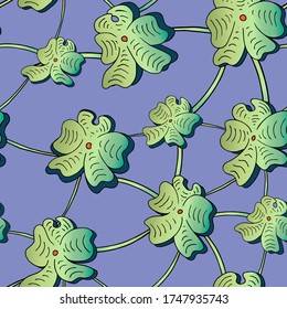 Nahtlose handgezeichnete, hellgrüne Blumenmuster auf hellviolettem Hintergrund - Vektorgrafik. Perfekt für den Einsatz in Textilien, Mode, Web-Design, Backdrop, Deco etc.