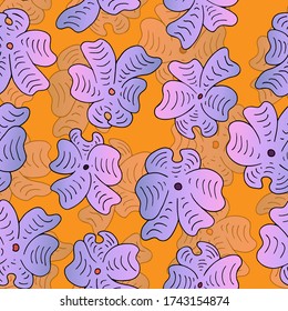 Seamless hand drawn light pink floral flower pattern, over faded flowers on rustic orange background - Vector. Perfect use for fabric, backdrops, textiles, crafting, web & product design etc.