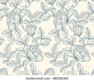 Seamless hand drawn line art graphic floral garden pattern. Vector flower background illustration. Decorative backdrop for fabric, textile, wrapping paper, card, invitation, wallpaper, web design.