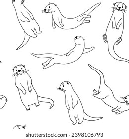 Seamless hand drawn line pattern with stylized cute otters in different actions on white background. Otters swimming and standing.