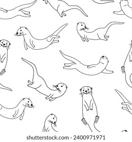 Seamless hand drawn line pattern with stylized cute otters in different actions on white background. Otters swimming and standing.