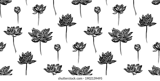 Seamless hand drawn lotus flowers pattern, endless outline stem wildflower sketch. Vector black ink drawing isolated on white background. Backdrop floral graphic illustration.
