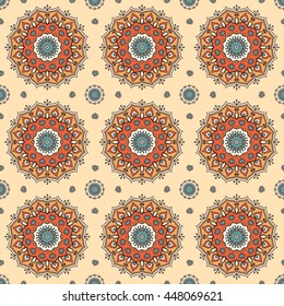 Seamless hand drawn mandala pattern for printing on fabric or paper. Vintage decorative elements in oriental style. Islam, Arabic, indian, turkish,ottoman motifs.  Vector illustration.
