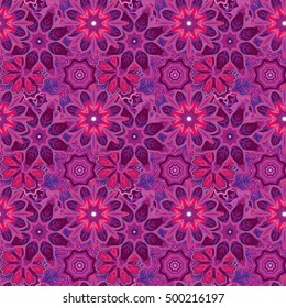 Seamless hand drawn mandala pattern. Different purple color tone background. Islam, Arabic, Indian, turkish,ottoman motifs. Perfect for printing on fabric or paper. Vector