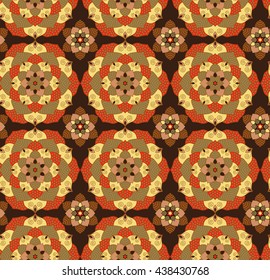 Seamless hand drawn mandala pattern.Vintage decorative elements.Yellow, brown, red color tone background.Islam, Arabic, Indian, turkish,ottoman motifs.Perfect for printing on fabric or paper.Vector