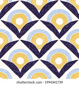 Seamless hand drawn mid-century modern floral leaf textured pattern Repeated abstract circle abstract shapes geometric wallpaper background. Ceramic tile ink drawing print