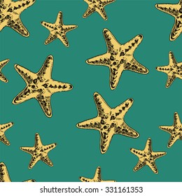 Seamless hand drawn multicolor pattern with yellow sea stars on dark green background. Hand drawn vector illustration.