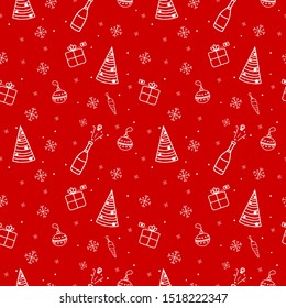 Seamless hand drawn new year and Christmas celebration pattern. Winter holiday doodle pattern on the red background.