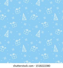 Seamless hand drawn new year and Christmas celebration pattern. Winter holiday doodle pattern on the blue background.